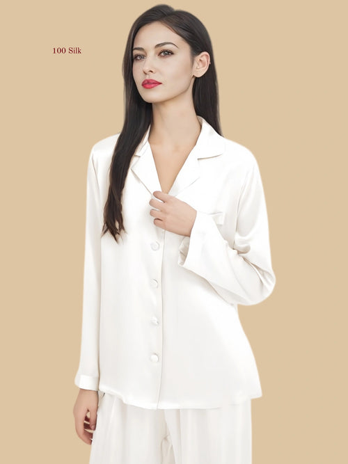 Milk white 16mm button-up pajamas front view with transparent buttons and chest pocket