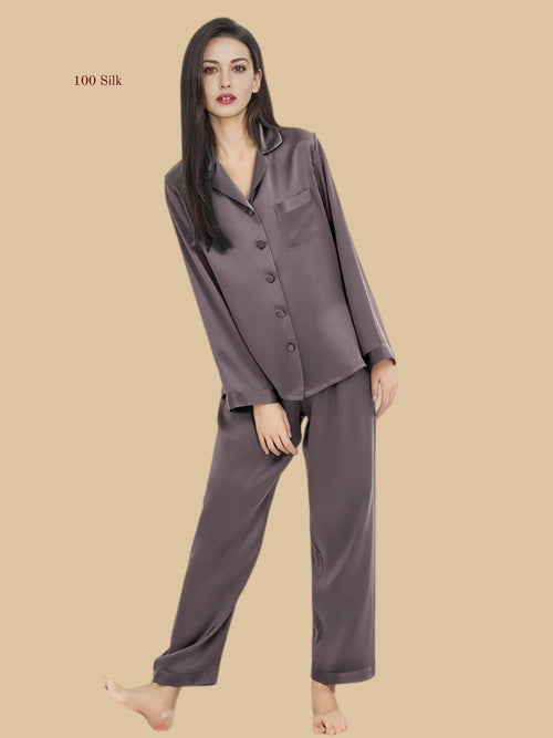 Purple Gray Milk white 16mm button-up pajamas front view with transparent buttons and chest pocket