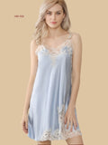Blue 19mm silk slip dress with V-neck lace trim and slim straps