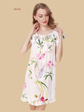 White floral 16mm silk sleep dress front view with tie neckline and ruffle hem