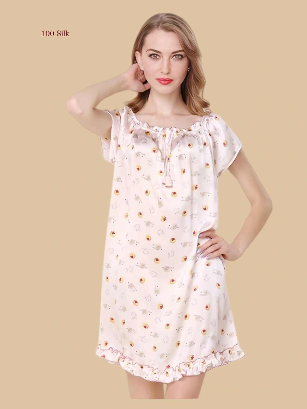 pink floral 16mm silk sleep dress front view with tie neckline and ruffle hem