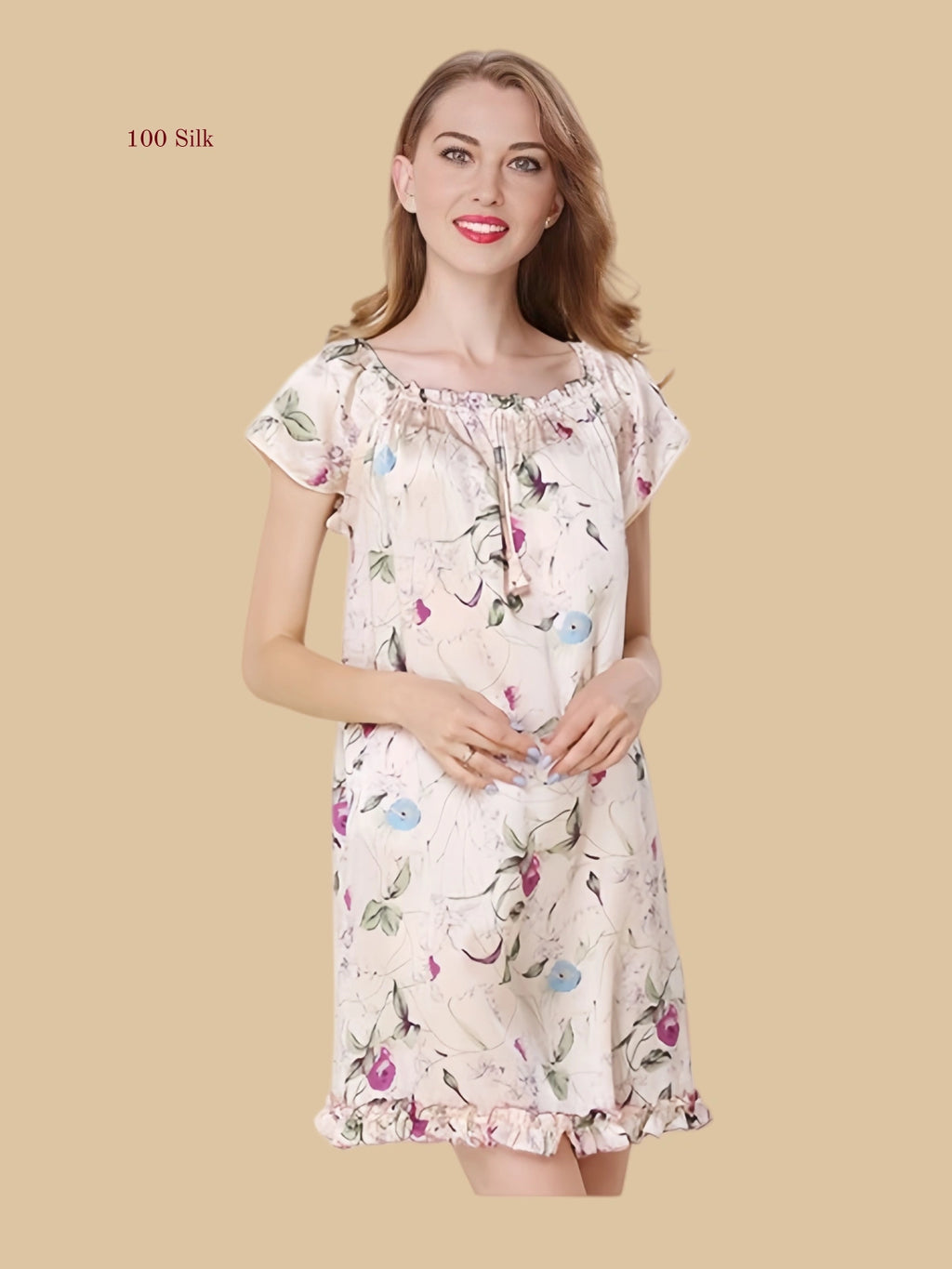 White floral 16mm silk sleep dress front view with tie neckline and ruffle hem