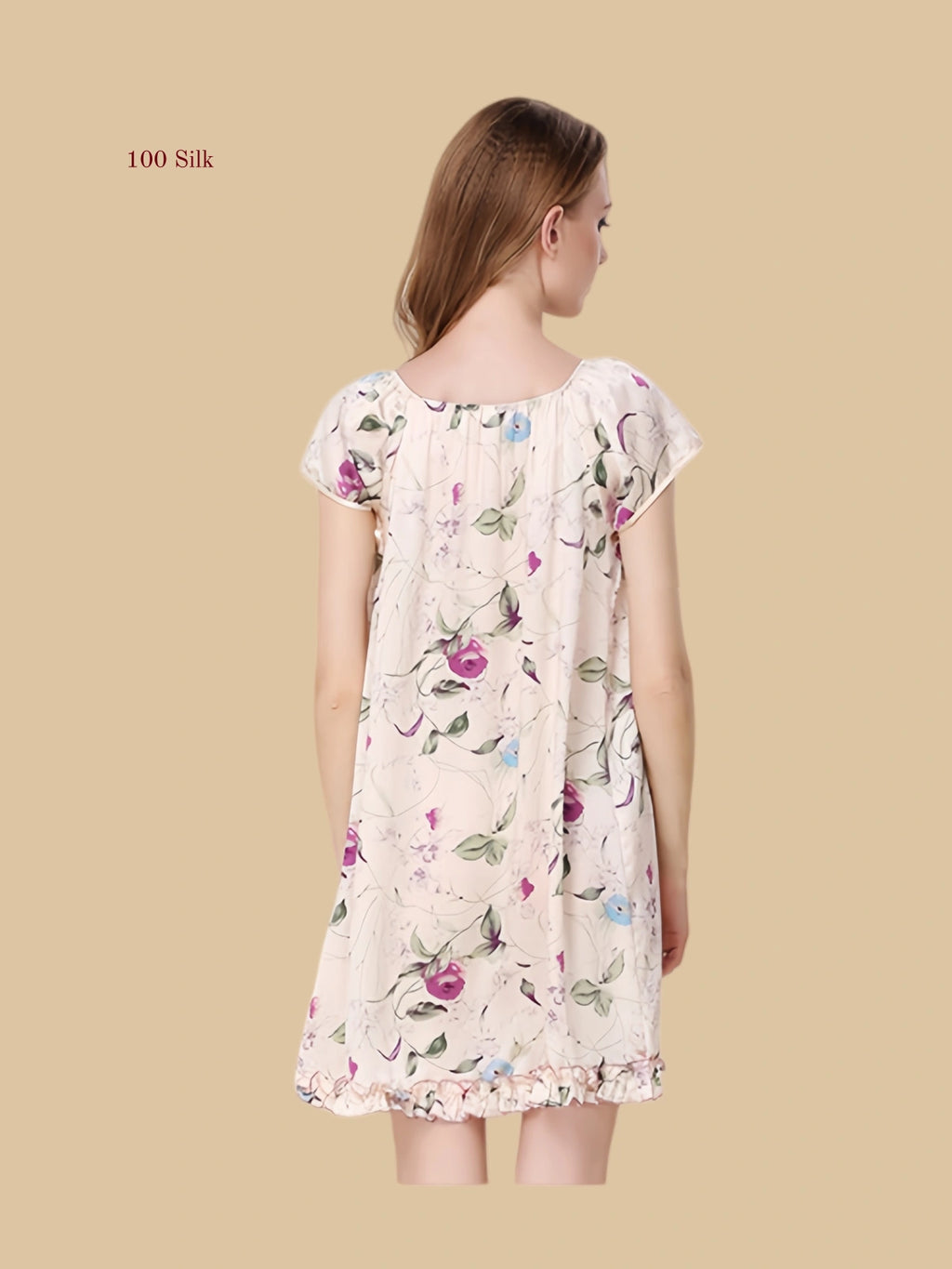 Mixed floral 16mm silk sleep dress back view with loose short silhouette
