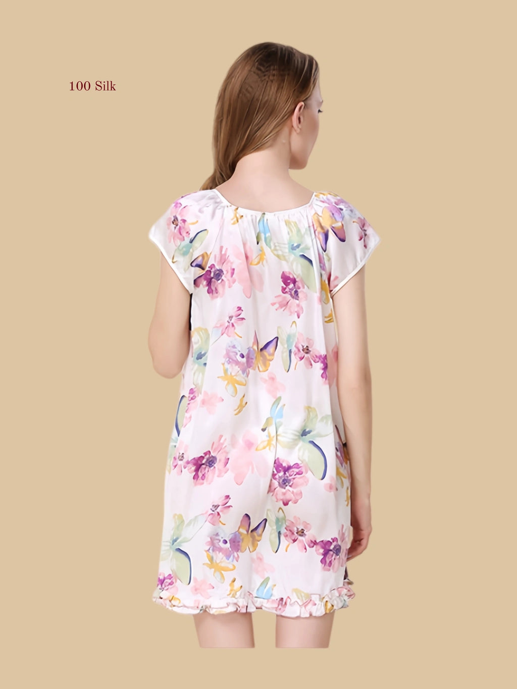 Mixed floral 16mm silk sleep dress back view with loose short silhouette