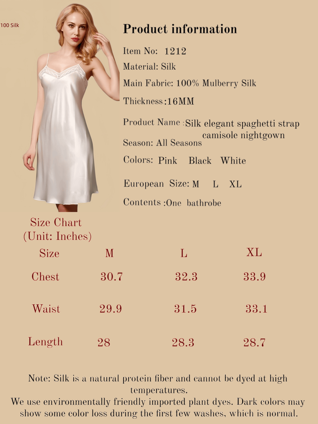 Silk elegant spaghetti strap camisole nightgown