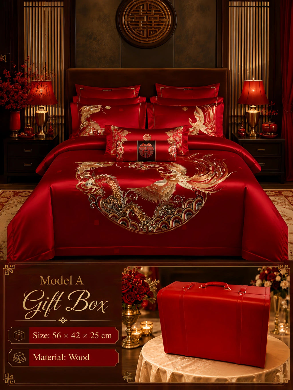 Silkgala 10-piece wedding bedding set with dragon and phoenix embroidery, shown with Model A elegant red wooden gift box in a luxurious wedding bedroom scene