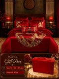 Silkgala 10-piece wedding bedding set with dragon and phoenix embroidery, shown with Model A elegant red wooden gift box in a luxurious wedding bedroom scene