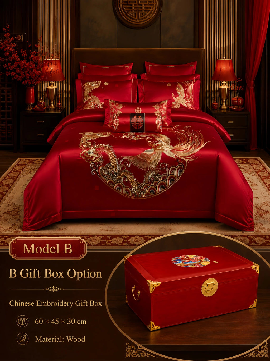 Silkgala 10-piece wedding bedding set with dragon and phoenix embroidery, shown with Model B Chinese embroidery wooden gift box in a luxurious wedding bedroom scene.