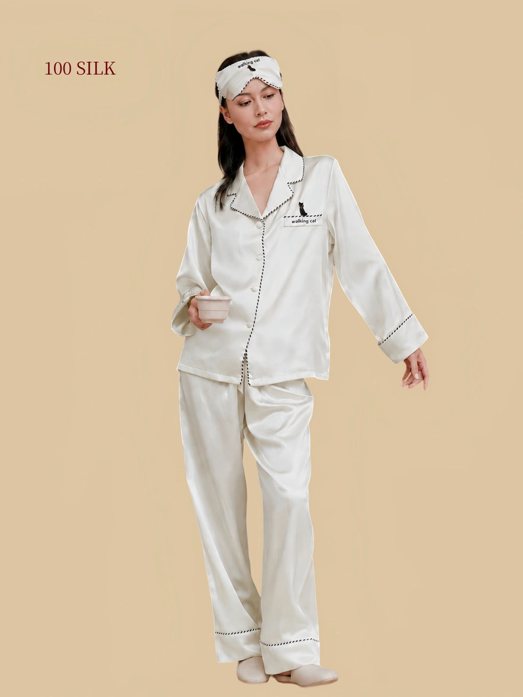 Silkgala 22 momme silk pajama set in light white gray with contrast piping and relaxed fit full body view