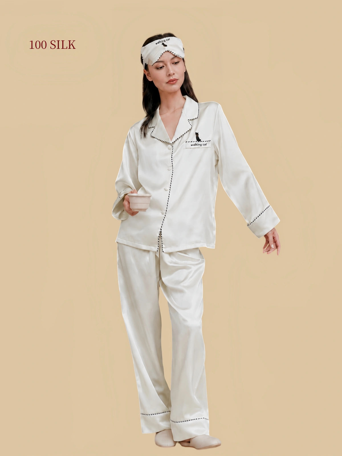 Silkgala 22 momme silk pajama set in light white gray with contrast piping and relaxed fit full body view