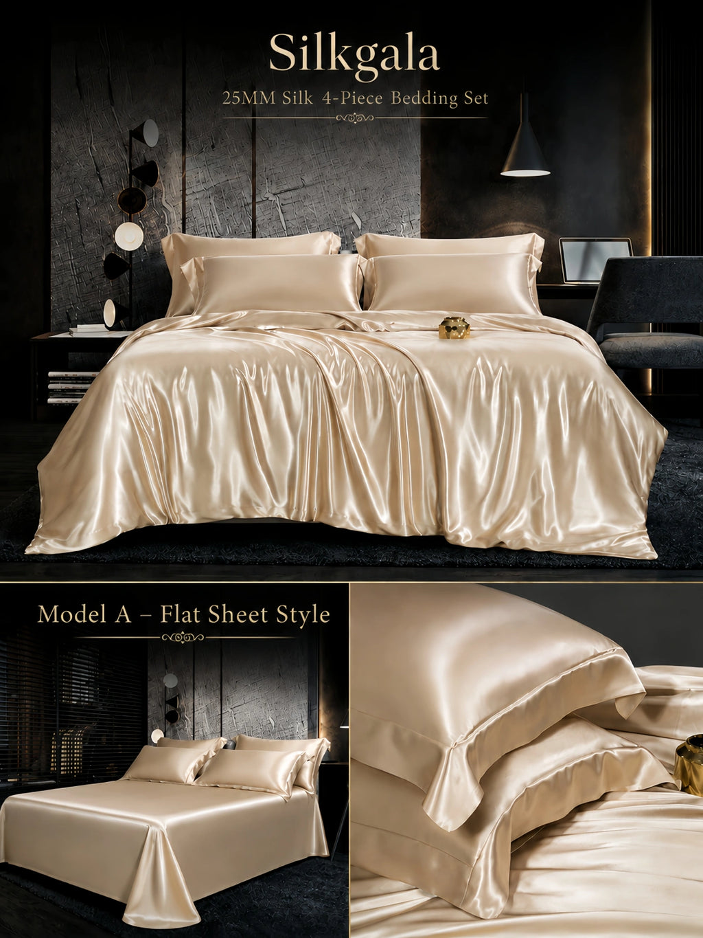 Silkgala 25 Momme silk 4-piece bedding set in Champagne Gold, Model B fitted sheet style with matching silk bedding