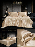 Silkgala 25 Momme silk 4-piece bedding set in Champagne Gold, Model B fitted sheet style with matching silk bedding