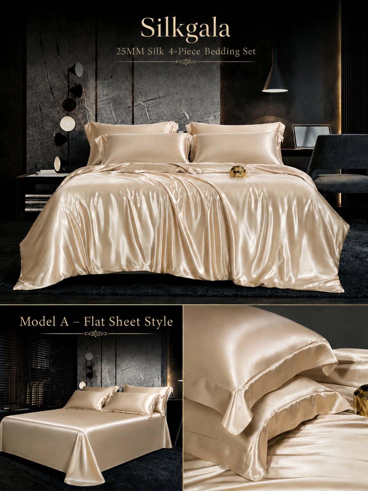 Silkgala 25 Momme silk 4-piece bedding set in Champagne Gold, Model B fitted sheet style with matching silk bedding
