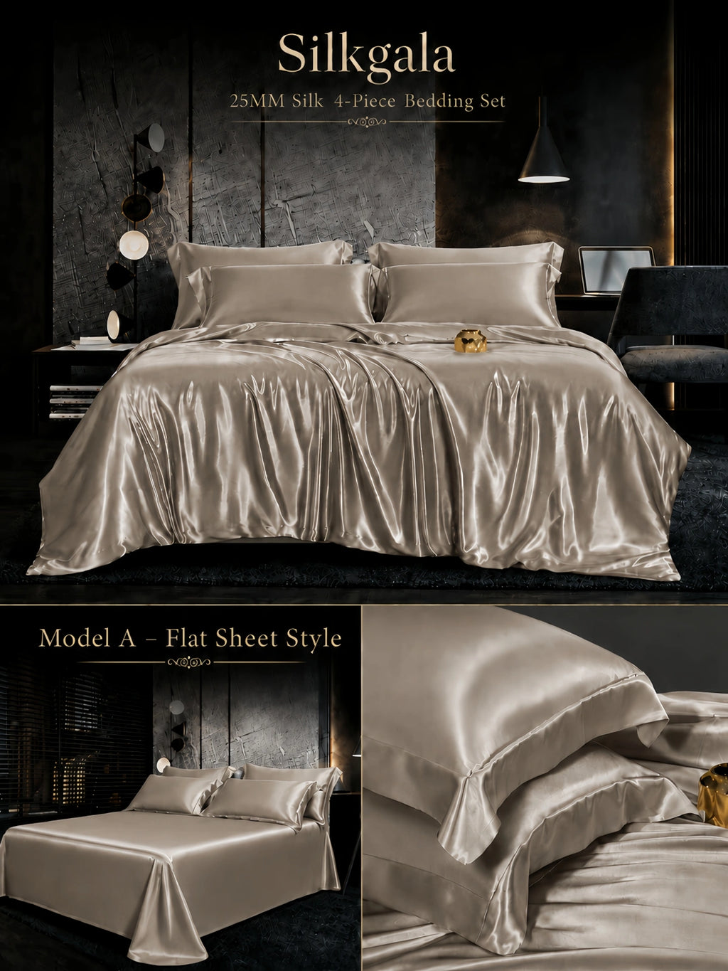 Silkgala 25 Momme silk 4-piece bedding set in Gentleman Taupe, Model A flat sheet style with refined neutral silk sheen
