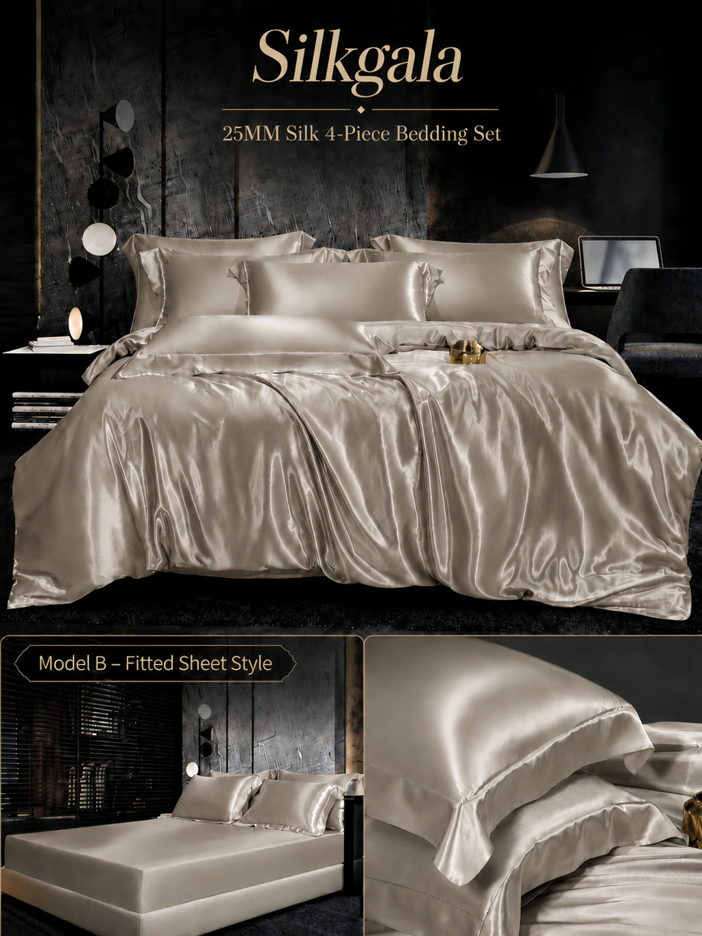 Silkgala 25 Momme silk 4-piece bedding set in Gentleman Taupe, Model B fitted sheet style with coordinated neutral bedding