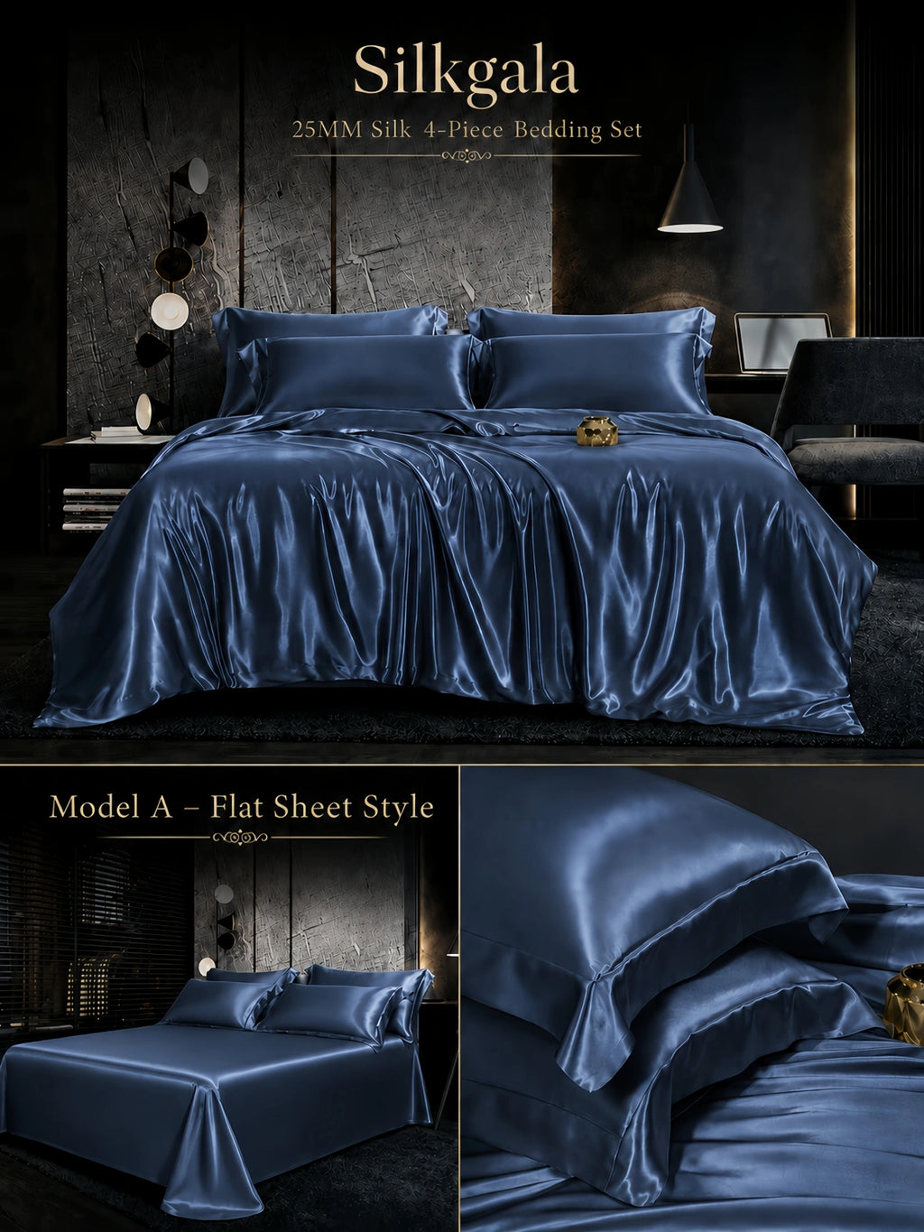 Silkgala 25 Momme silk 4-piece bedding set in Imperial Blue, Model A flat sheet style with rich glossy silk finish