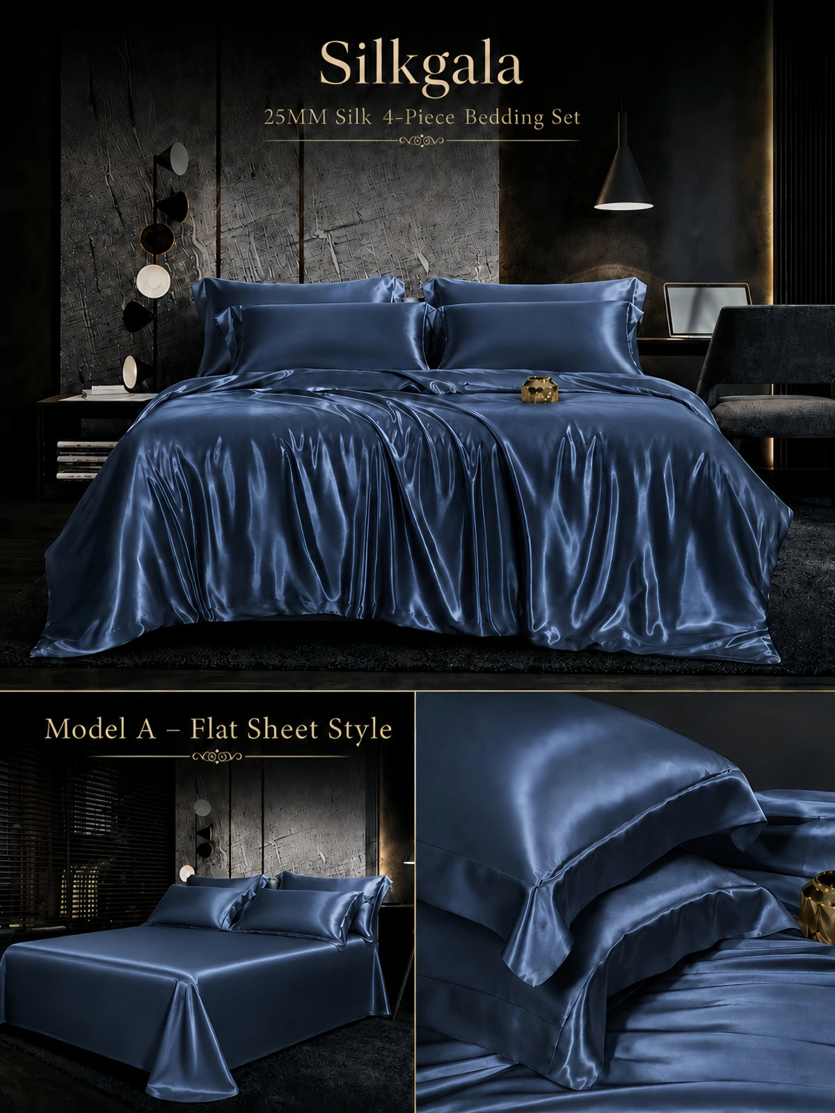 Silkgala 25 Momme silk 4-piece bedding set in Imperial Blue, Model A flat sheet style with rich glossy silk finish
