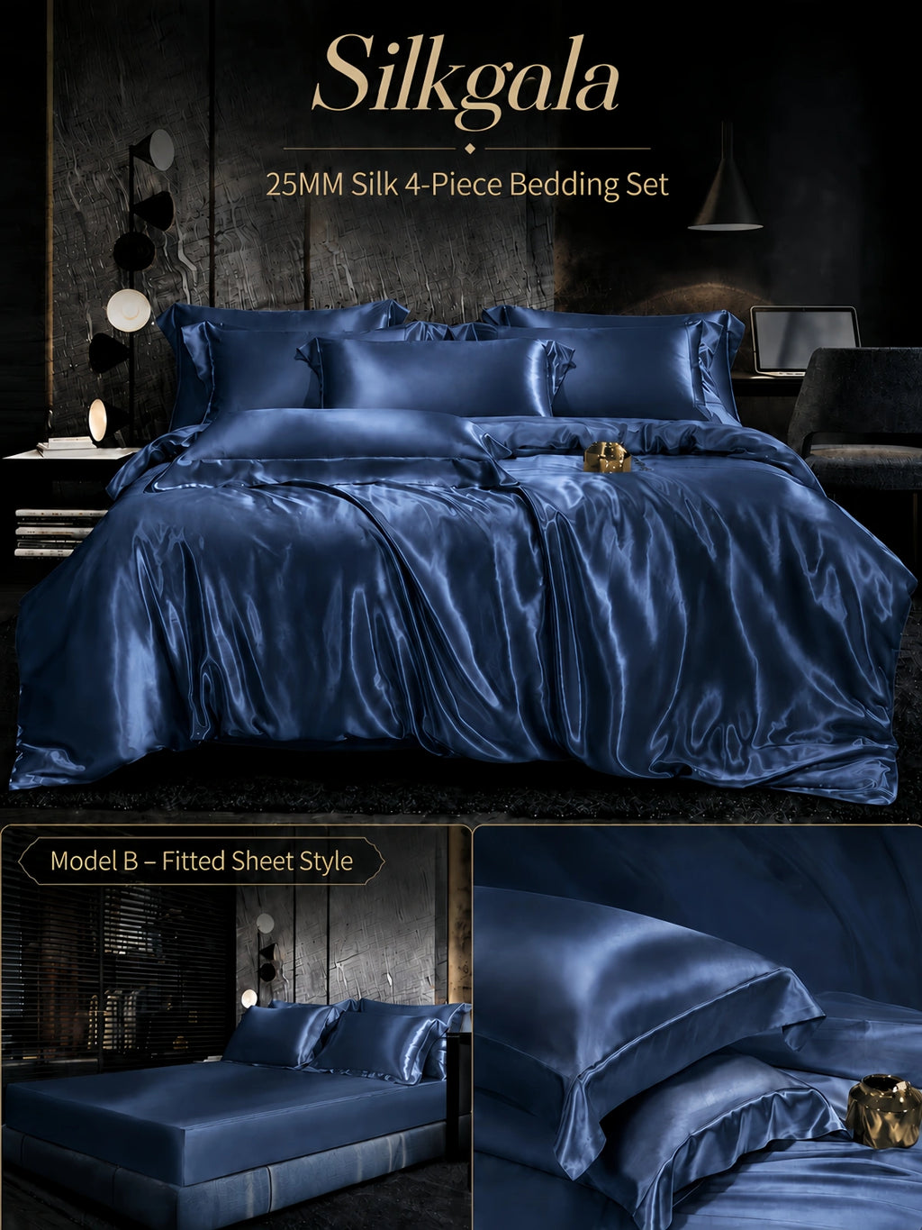 Silkgala 25 Momme silk 4-piece bedding set in Imperial Blue, Model B fitted sheet style with matching blue pillowcases