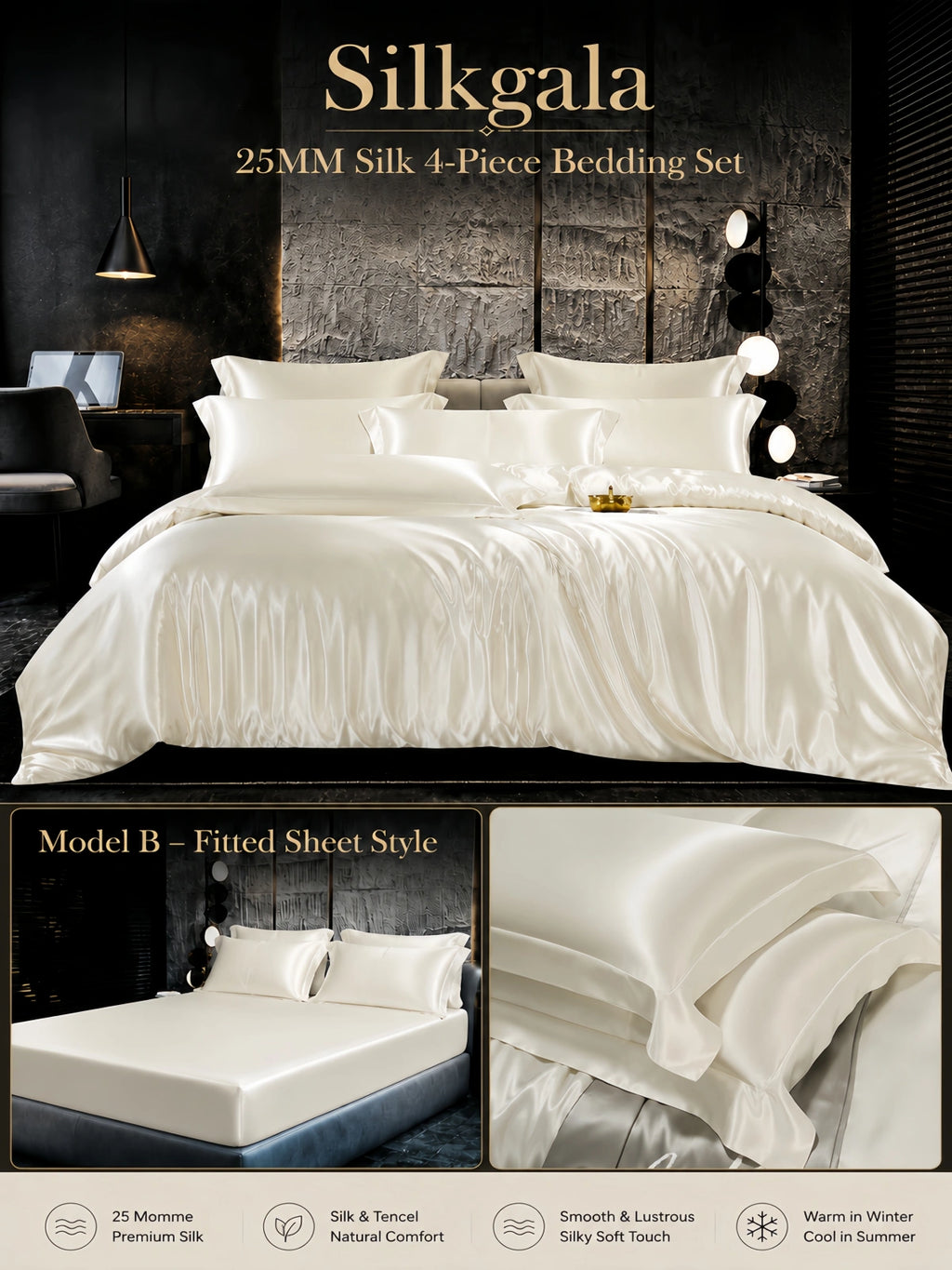 Silkgala 25 Momme silk 4-piece bedding set in Ivory White, Model A flat sheet style with smooth lustrous finish