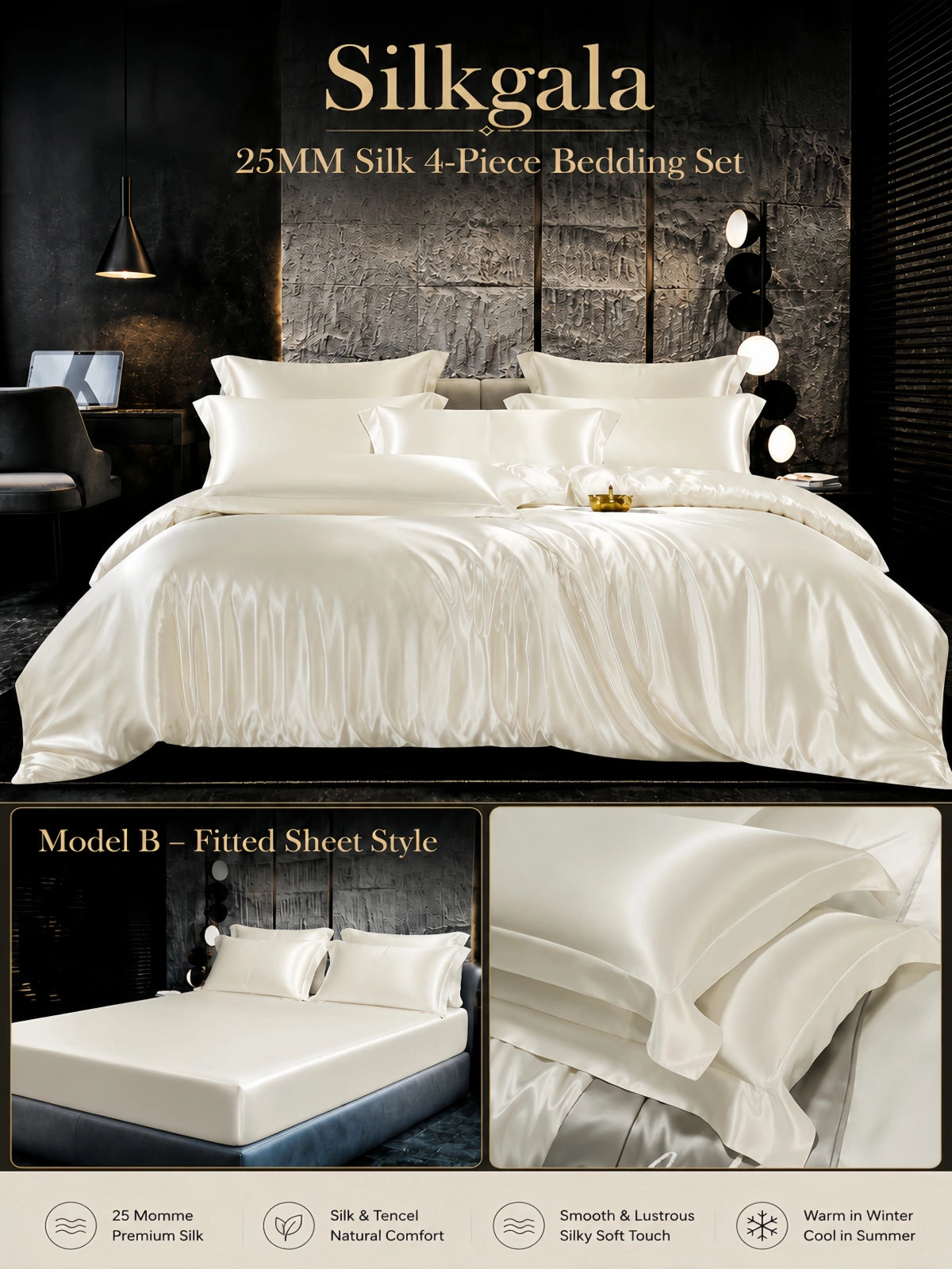 Silkgala 25 Momme silk 4-piece bedding set in Ivory White, Model A flat sheet style with smooth lustrous finish