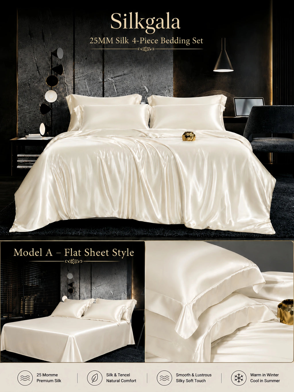 Silkgala 25 Momme silk 4-piece bedding set in Ivory White, Model B fitted sheet style with matching pillowcase detail