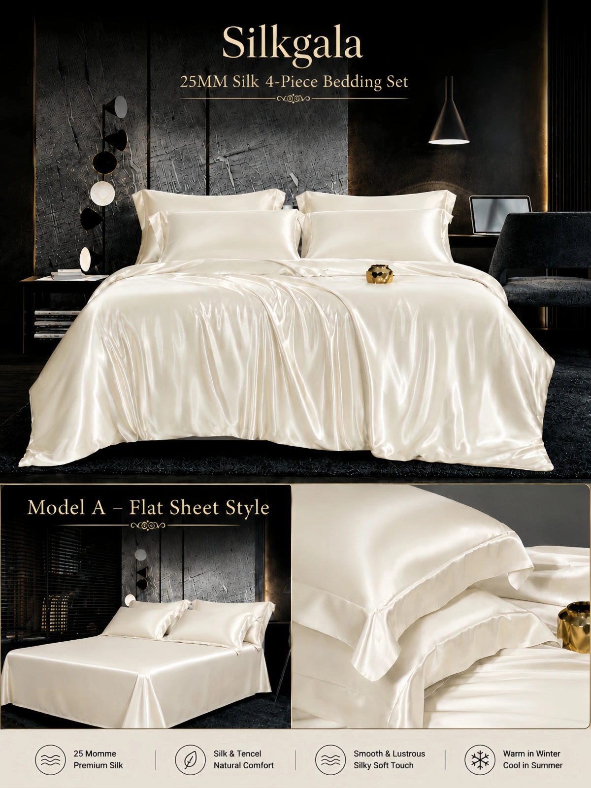 Silkgala 25 Momme silk 4-piece bedding set in Ivory White, Model B fitted sheet style with matching pillowcase detail