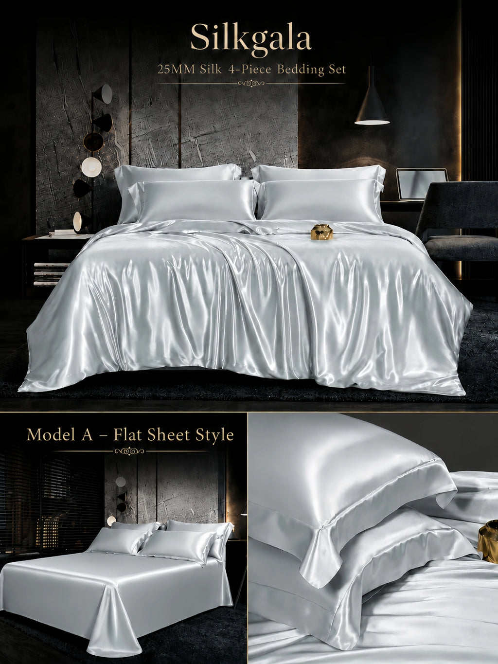 Silkgala 25 Momme silk 4-piece bedding set in Moonlight Silver, Model A flat sheet style with elegant silk sheen