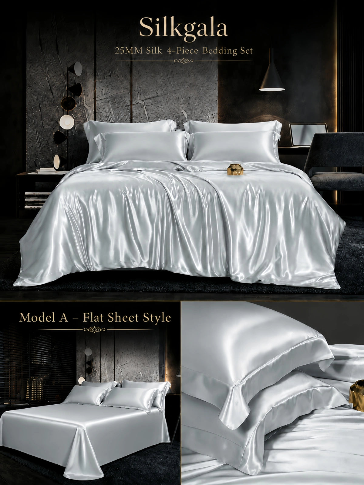 Silkgala 25 Momme silk 4-piece bedding set in Moonlight Silver, Model A flat sheet style with elegant silk sheen