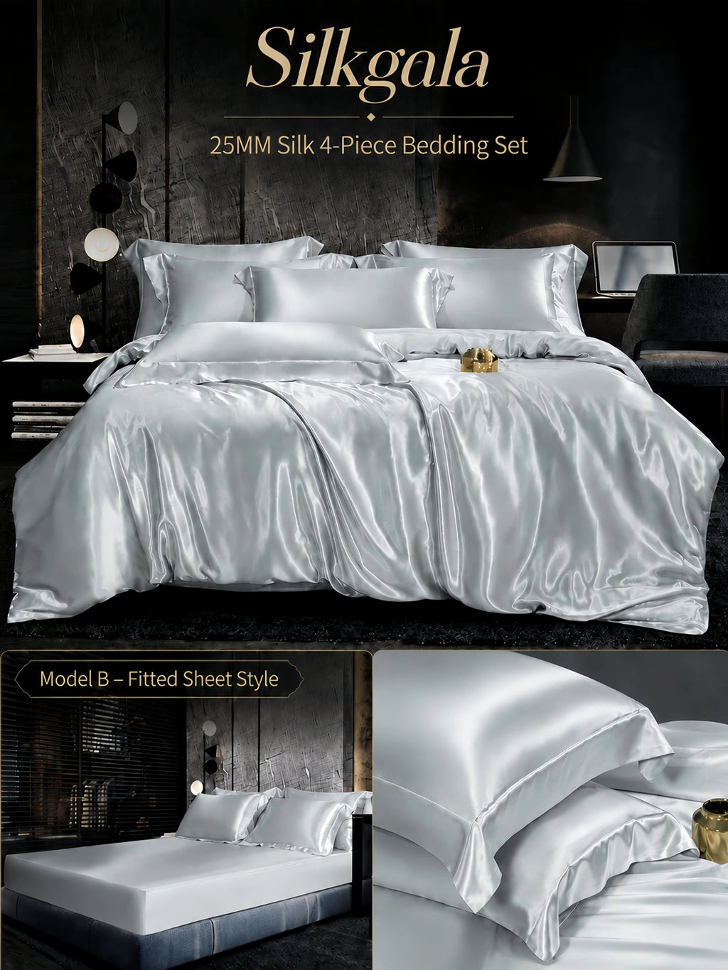 Silkgala 25 Momme silk 4-piece bedding set in Moonlight Silver, Model B fitted sheet style with coordinated bedding details