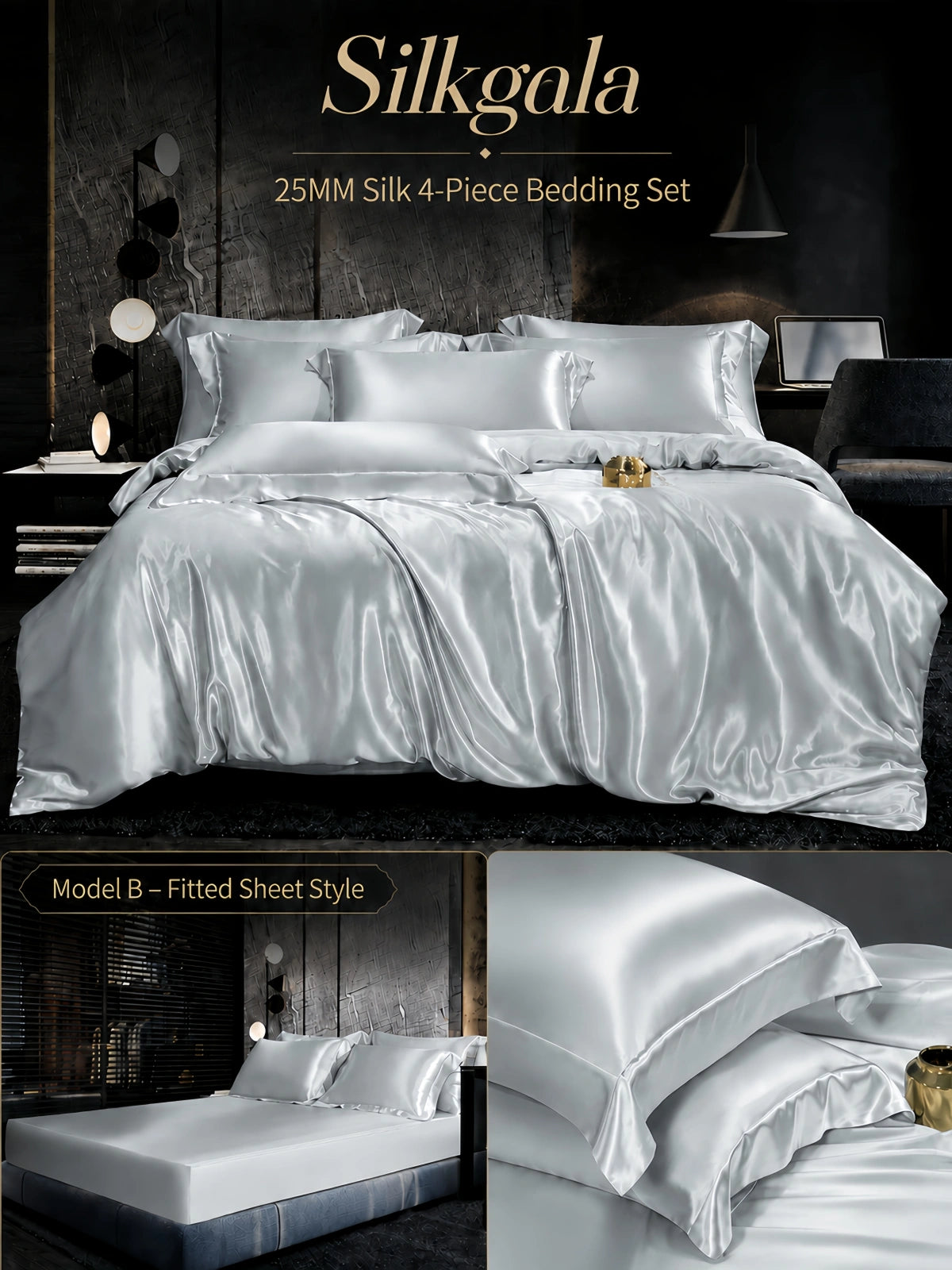 Silkgala 25 Momme silk 4-piece bedding set in Moonlight Silver, Model B fitted sheet style with coordinated bedding details