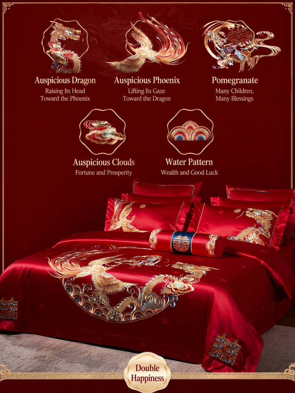 Silkgala wedding bedding embroidery featuring dragon, phoenix, pomegranate, auspicious clouds and water motifs
