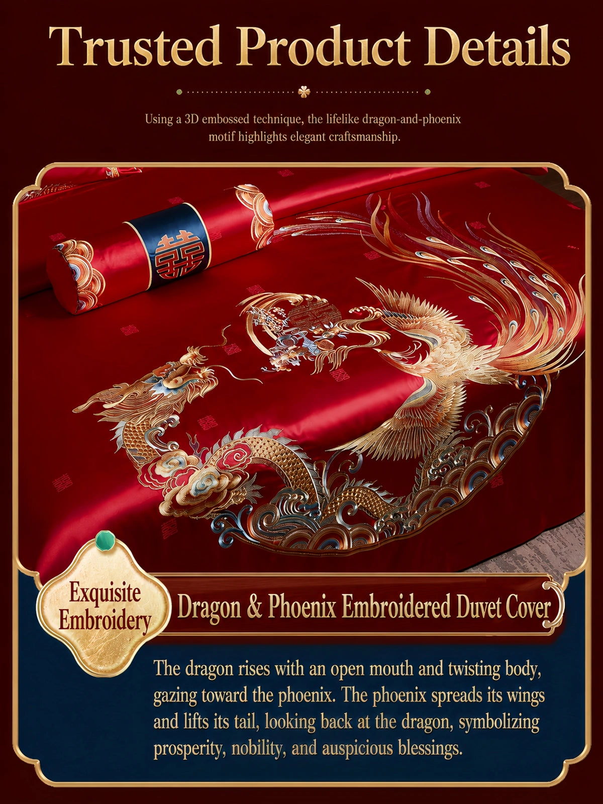 Silkgala red duvet cover with detailed dragon and phoenix embroidery for a luxury wedding bedding set