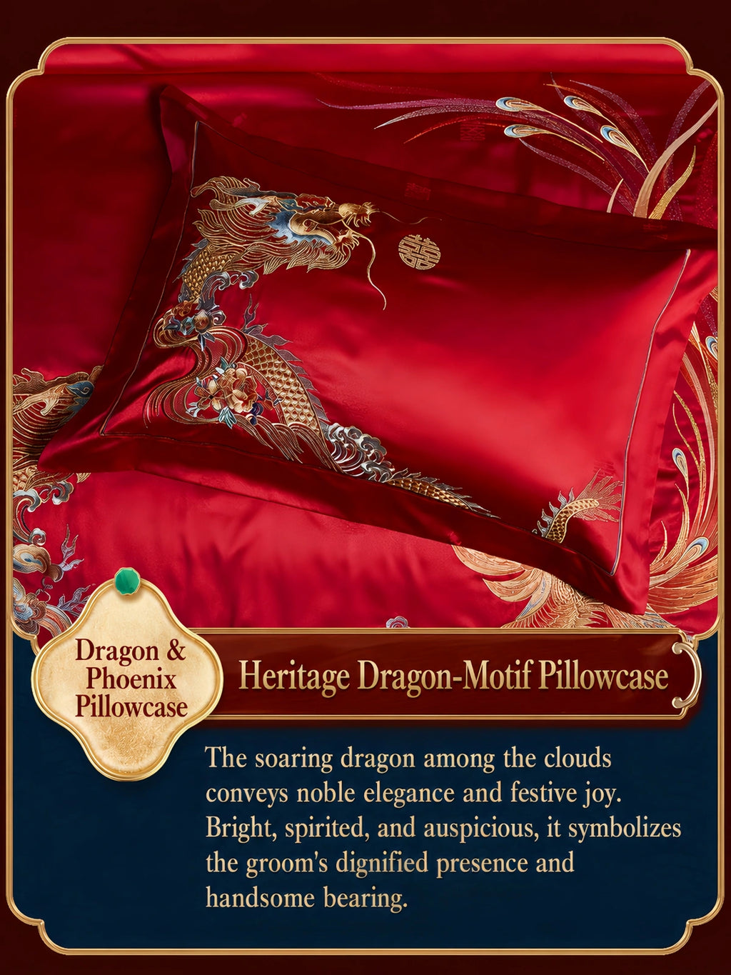 Silkgala red wedding pillowcase featuring an intricate heritage-inspired dragon embroidery motif