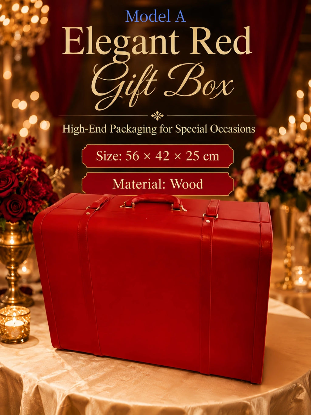 Silkgala Model A elegant red wooden wedding gift box measuring 56 by 42 by 25 centimeters