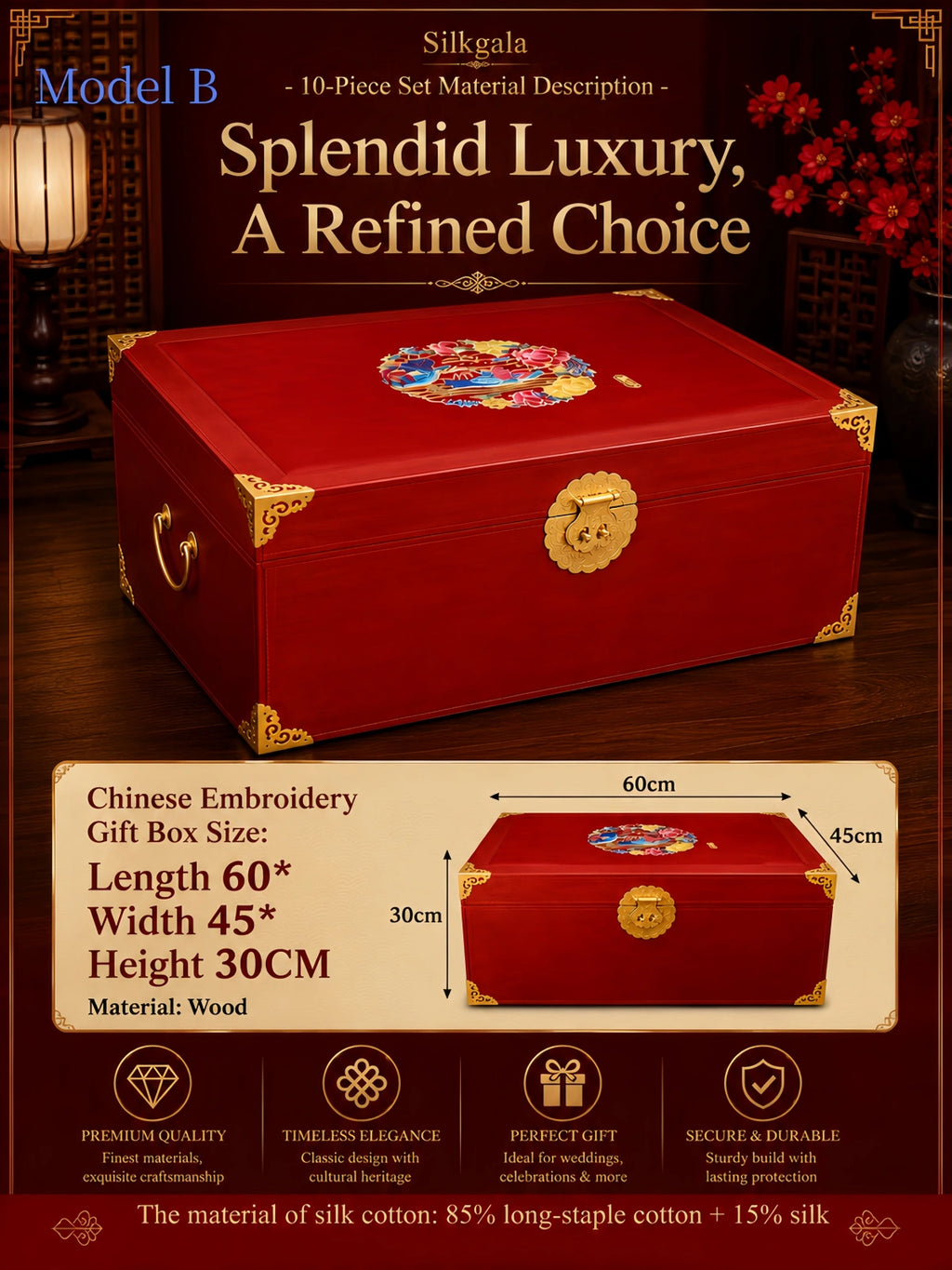 Silkgala Model B Chinese embroidered wooden wedding gift box measuring 60 by 45 by 30 centimeters