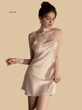Front view of 19mm silk mini slip dress with ruffle neckline in apricot