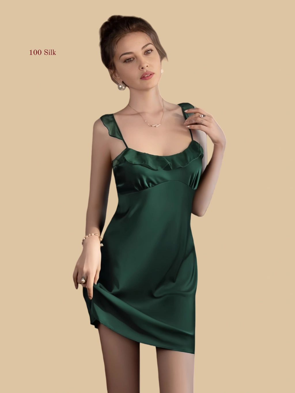 Front view of 19mm silk mini slip dress with ruffle neckline in Dark green