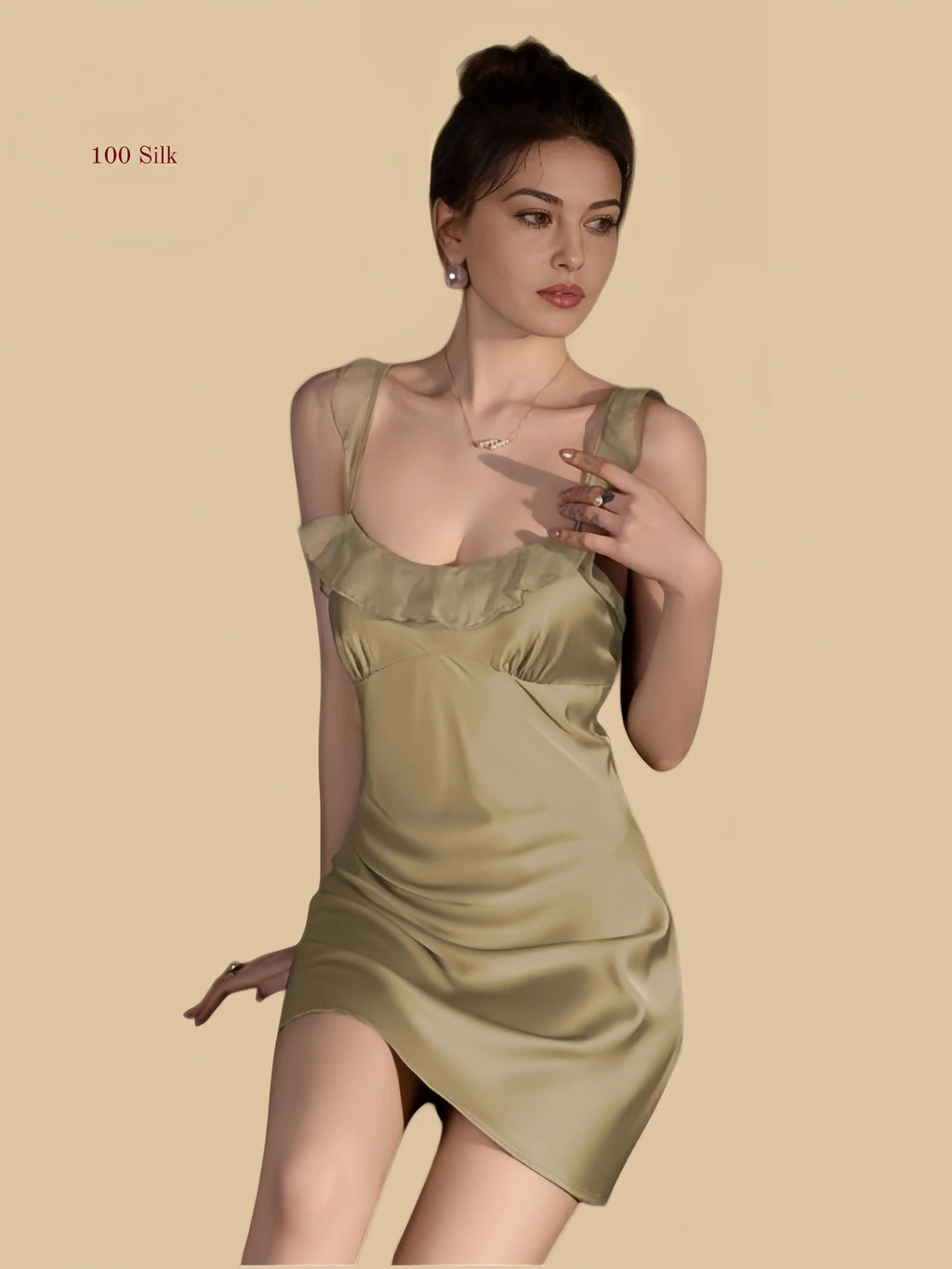 Front view of 19mm silk mini slip dress with ruffle neckline in Matcha green