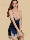 blue silk nightgown with ligeh skin lace V neckline front view