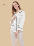 White 19mm lounge shirt and pants set front view with scalloped trims and three front pockets