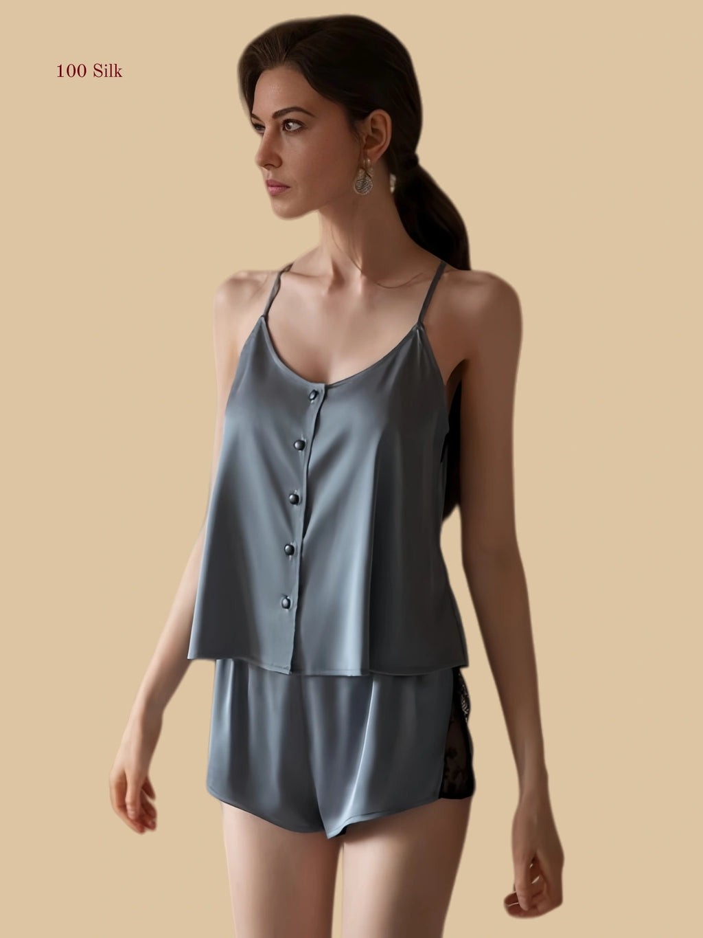 Grayish blue 19mm silk short set front view with slim straps and button-front top