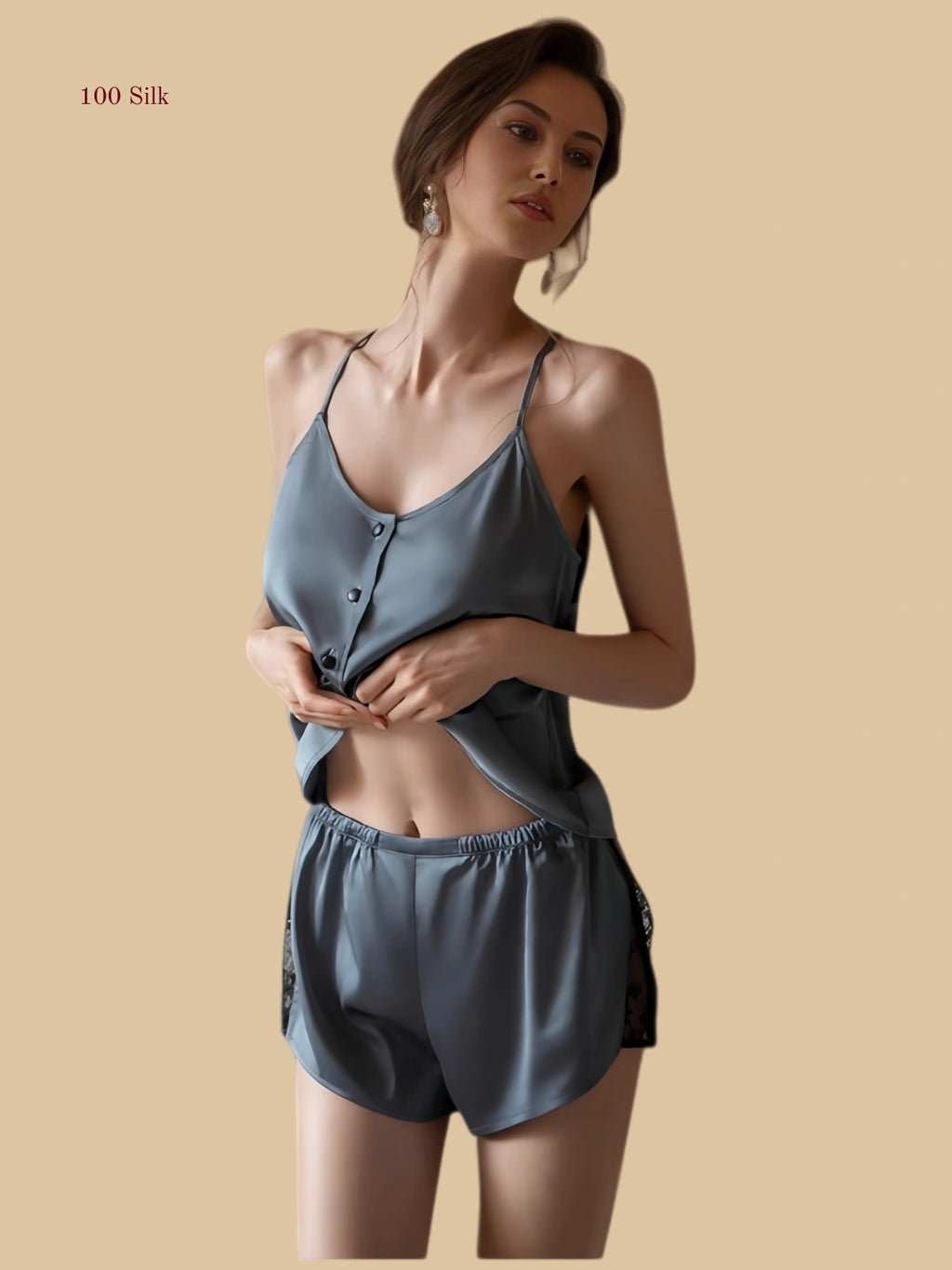 Grayish blue 19mm silk short set front view with slim straps and button-front top