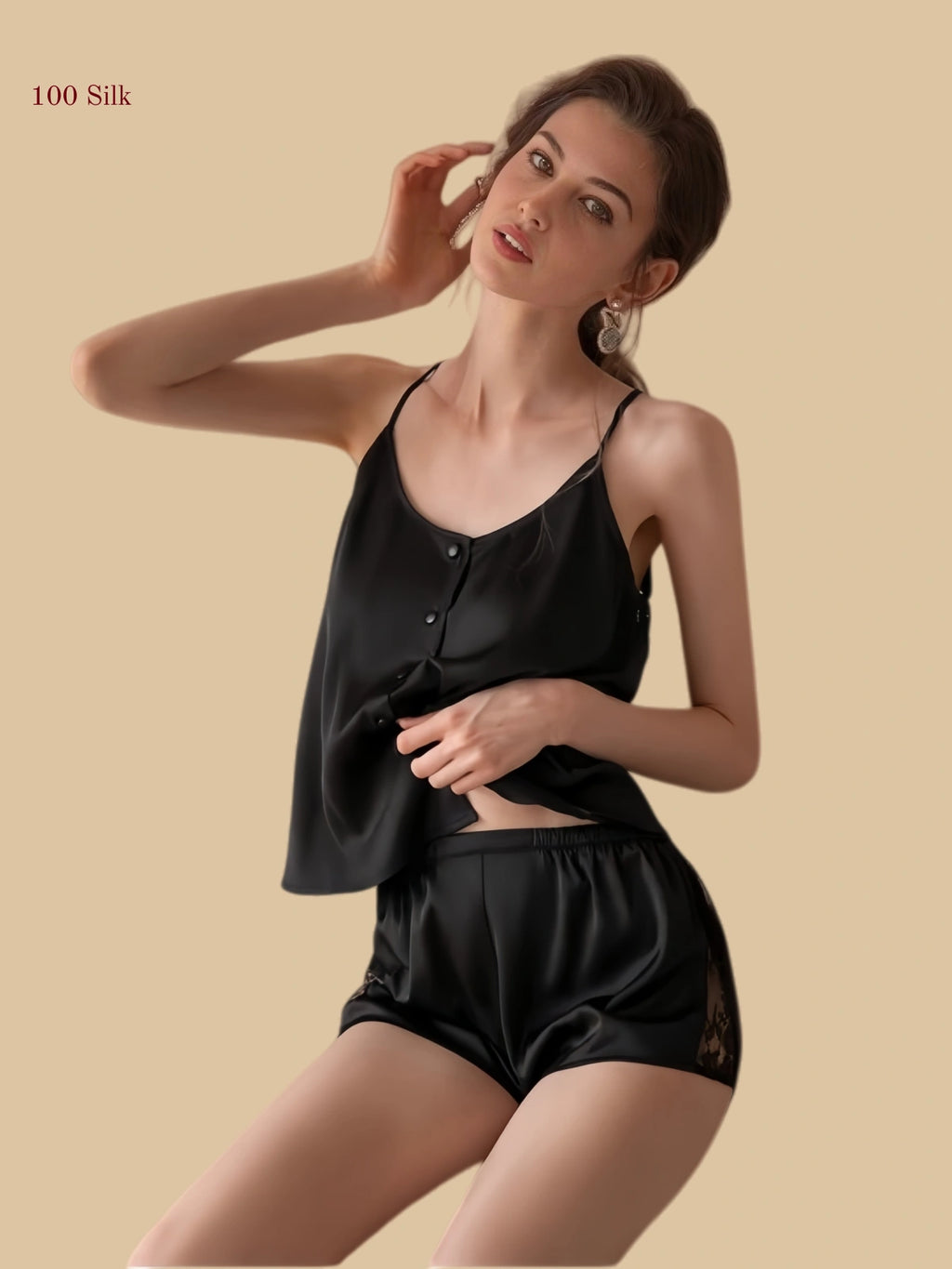 Black 19mm silk short set back view with lace yoke panel and keyhole detail