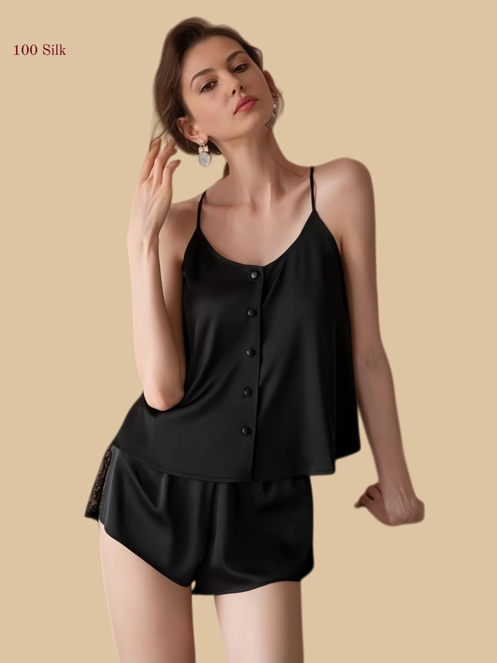 Black 19mm silk short set front view with button-front camisole and matching shorts