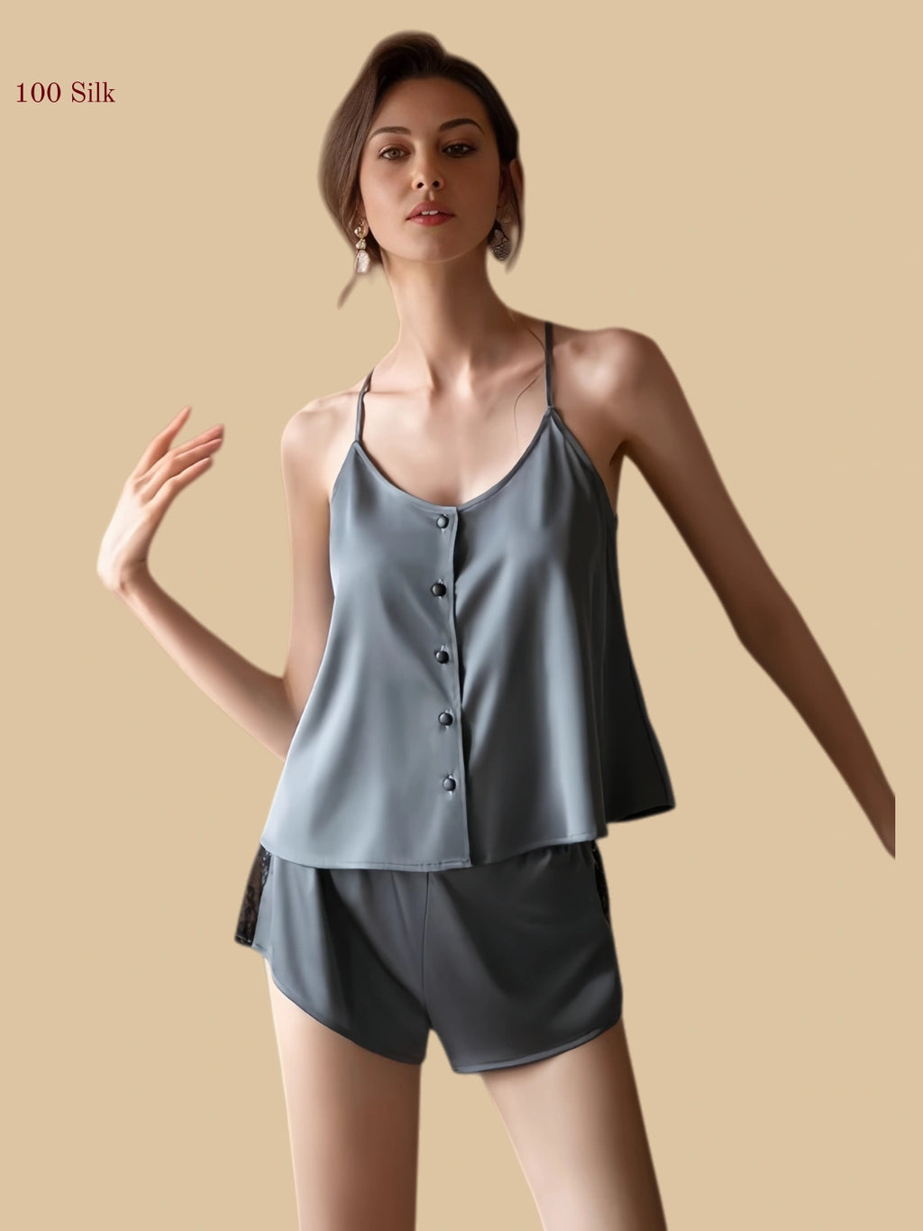 Grayish blue 19mm silk short set front view with slim straps and button-front top
