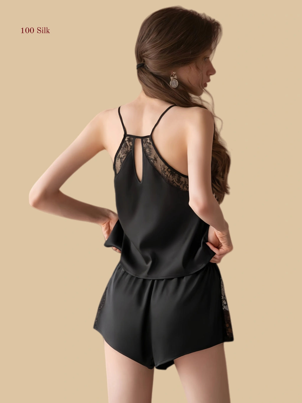 Black 19mm silk short set back view with lace yoke panel and keyhole detail