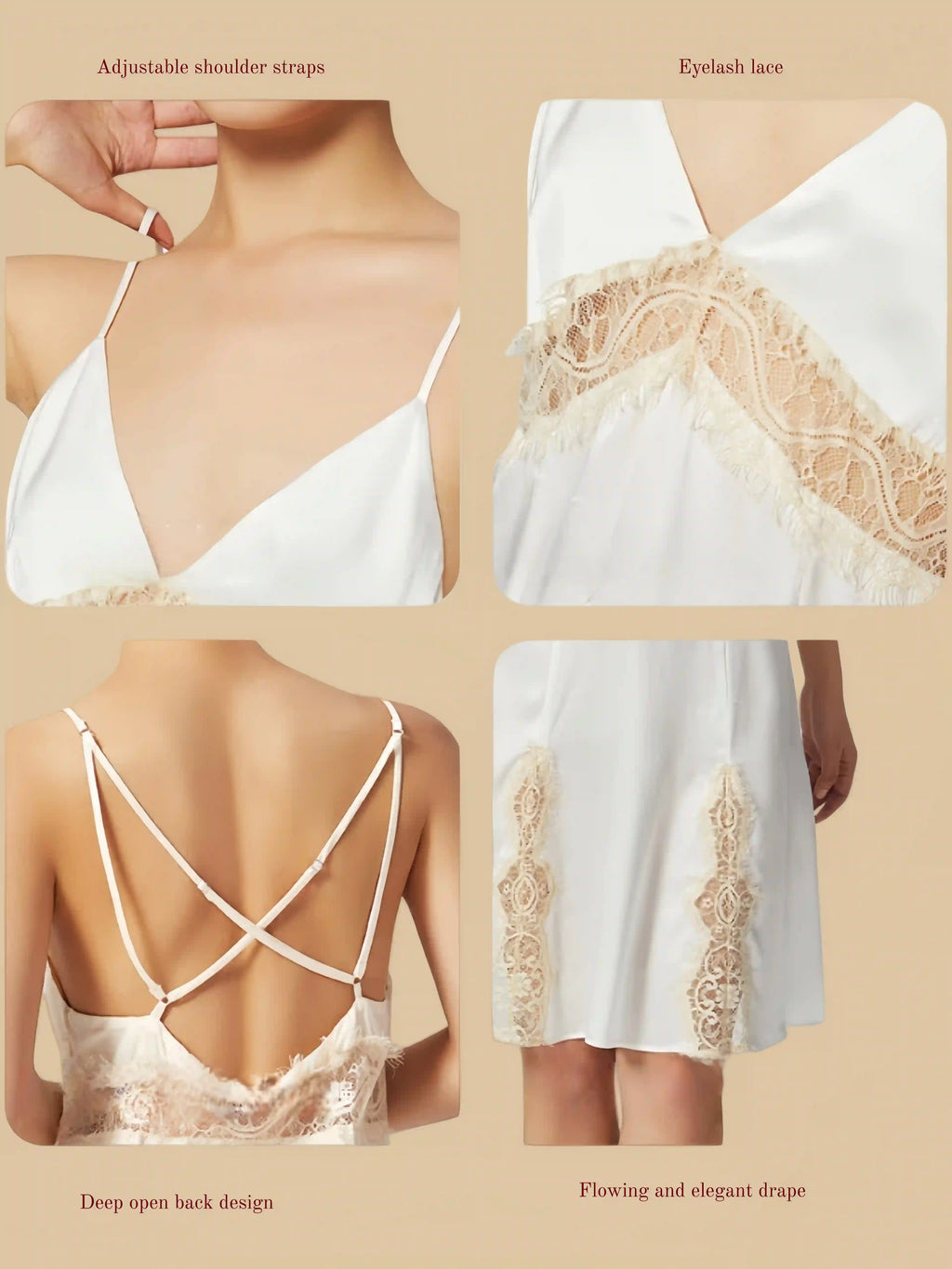 Back view of a white silk dress showcasing a deep open back design with elegant cross-over adjustable straps.