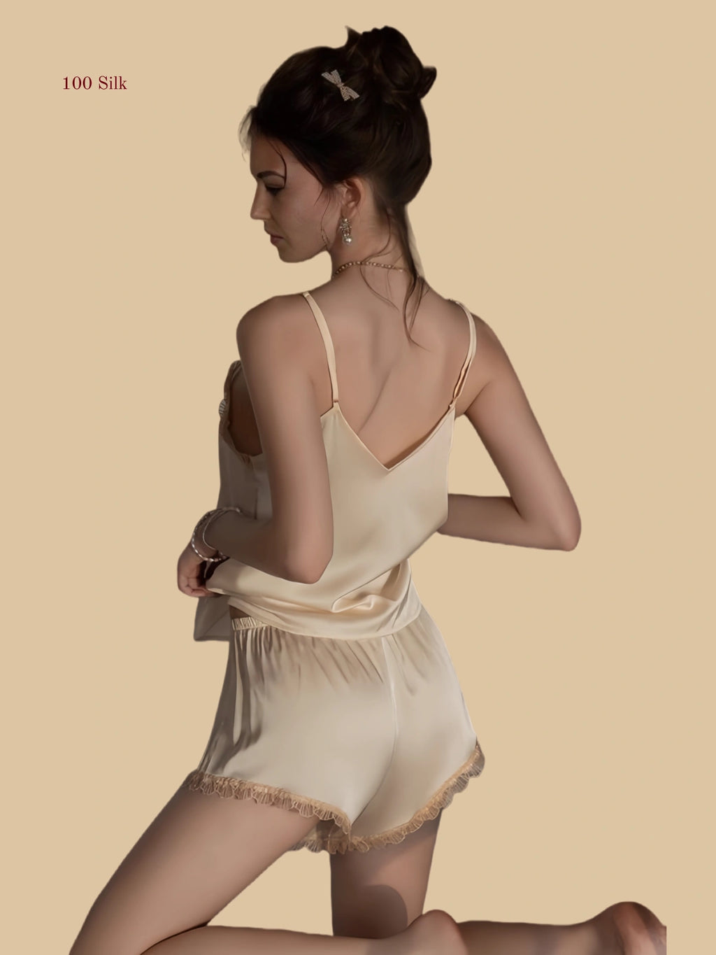 Champagne 19mm silk cami set back view with slim straps and lace-trim shorts