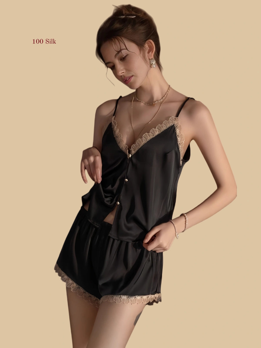 Black 19mm front-button cami set front view with lace-trim neckline and matching shorts