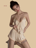 Champagne 19mm front-button cami set front view with lace-trim neckline and matching shorts